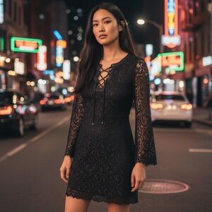 Hale Bob Black Front Lace Up Dress and Lace Long Sleeves and Eyelash Fringe